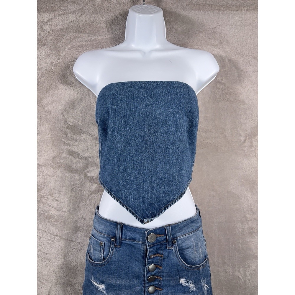 Reformation Denim Blue Strapless Bandana Crop Top